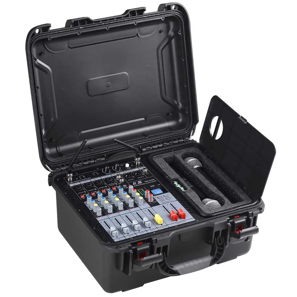 מיקסר מוגבר 600 Watt עם זוג מיקרופונים UHF וקייס קשיח
